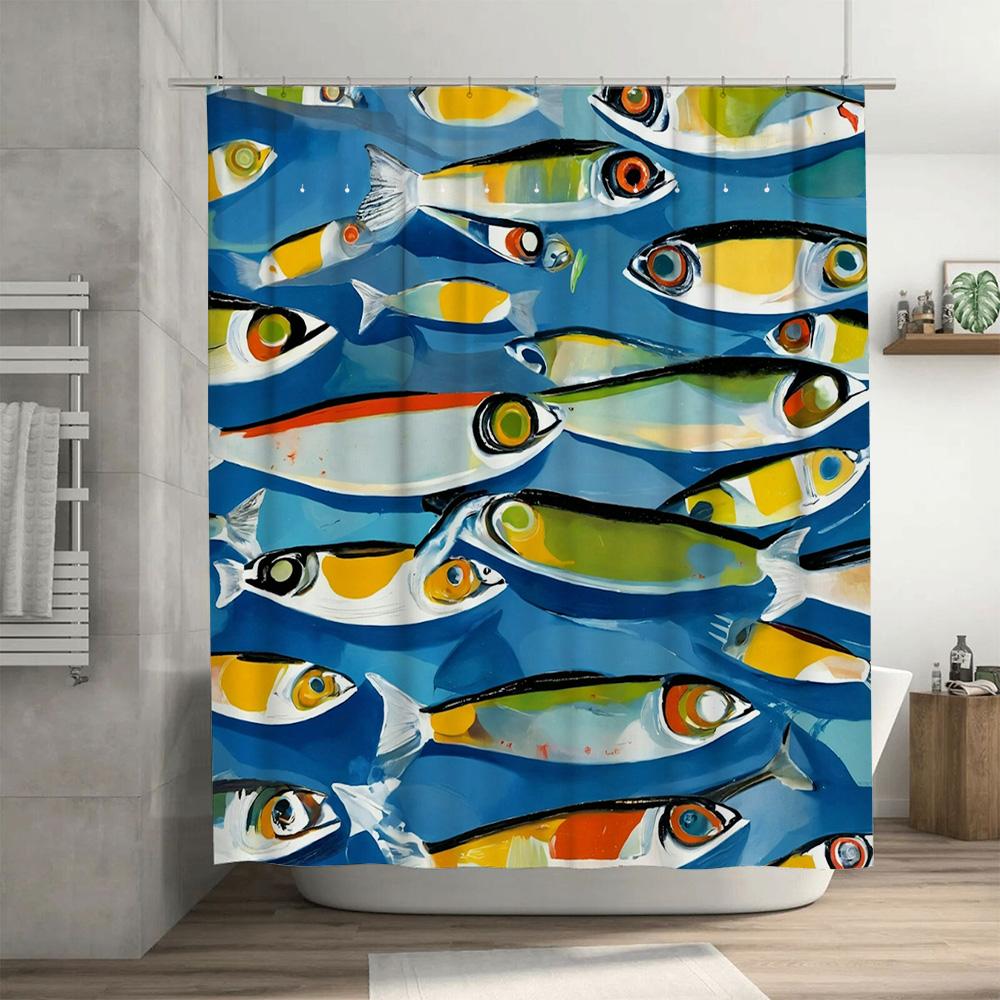 Bright Fish Print Shower Curtain Waterproof Fabric Home Decoration Wall Hanging Blue Green Yellow Decorative Bathrooms