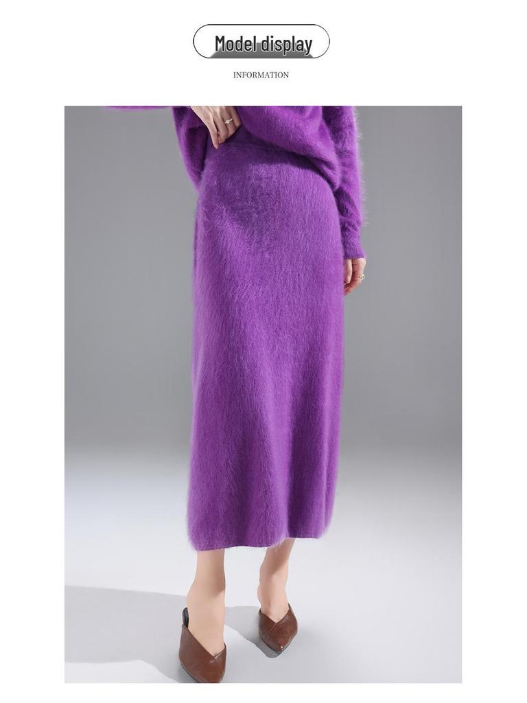 Autumn/Winter 100% Wool Solid Color Women's Slimming Midi Knitted Skirt