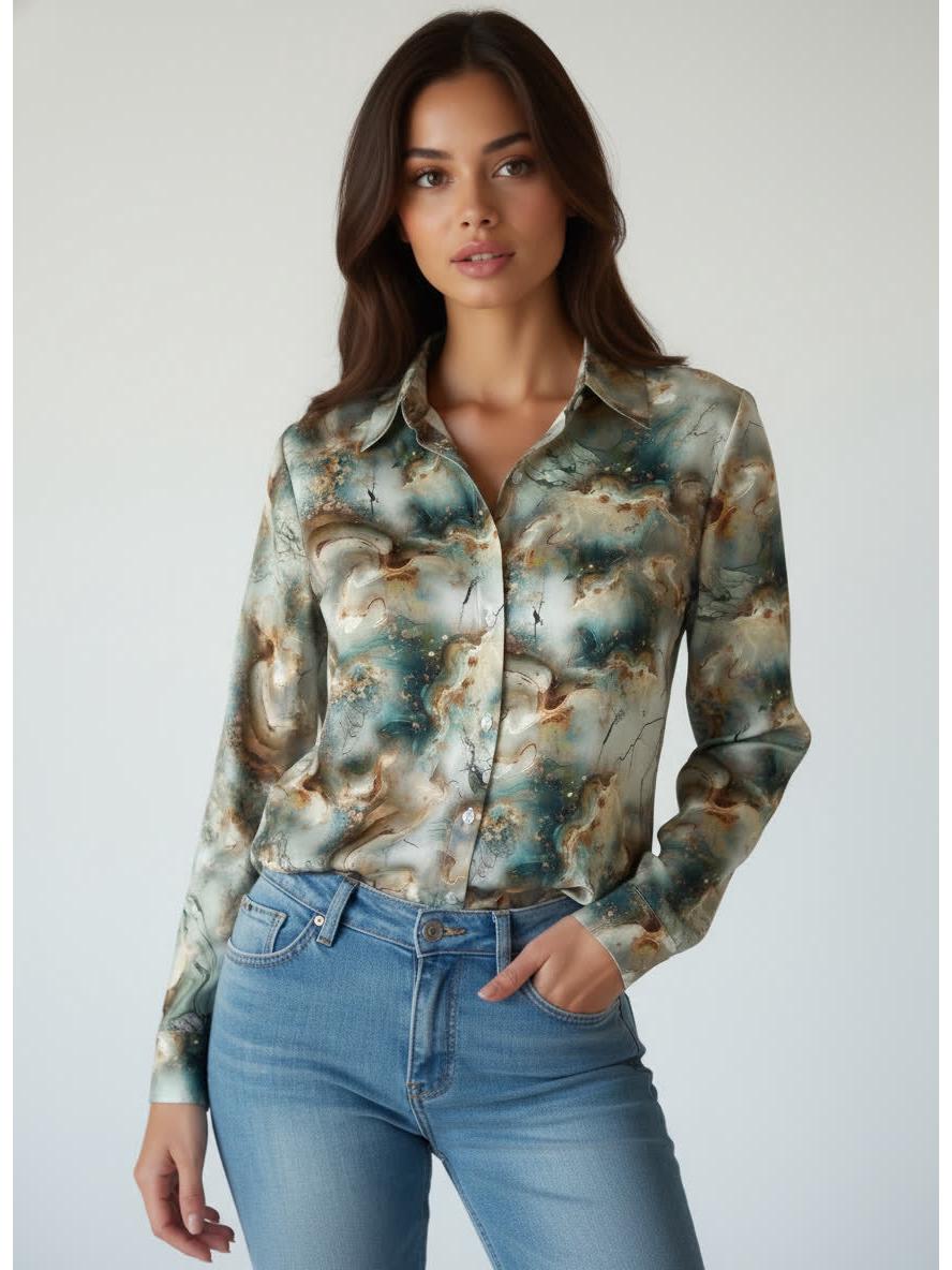 

2026 Women s Retro Floral Long-Sleeve Shirt with Padded Shoulders and Stylish Lapel XL