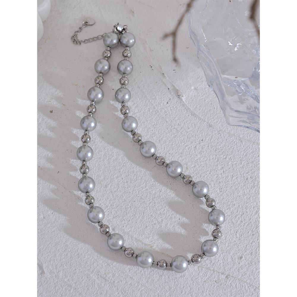 Yhpup Grey Imitation Pearl Beads Handmade Chain Stainless Steel Collar Necklace Fashion Temperament Charm Women Jewelry Gala