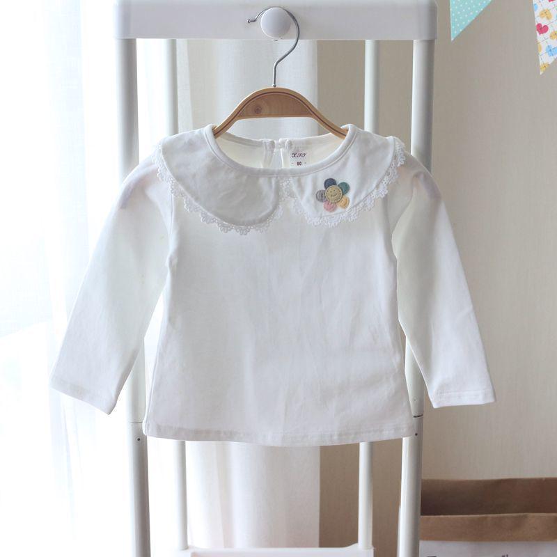 Girls' White Peter Pan Collar Long Sleeve Cotton T-Shirt for Spring/Autumn