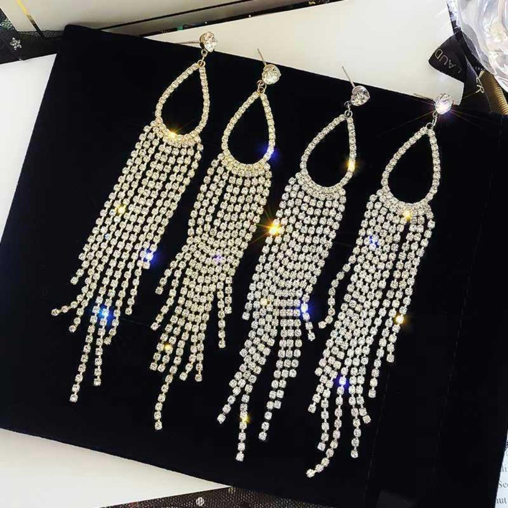 Korea Temperament Sparkling Full Rhinestone Long Tassels Hollowed-out Teardrop-shaped Dangle Earrings for Women Designer Jewelry