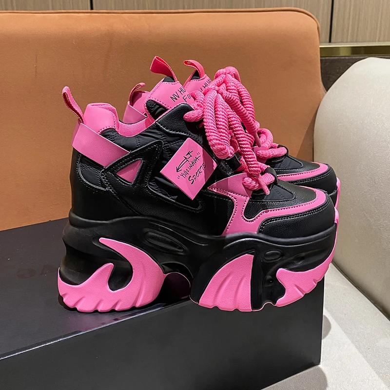 Fashion Women Walking Sneakers 2025 Spring Lace-up High Platform Chunky Shoes Breathable Leather Shoes 10CM Wedge Heels Casual Shoes