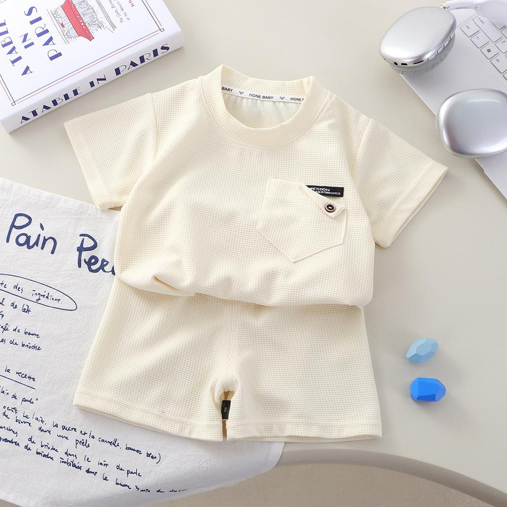 0-9 Years Children's Waffle Short-sleeved Suit Summer Casual Sportswear Boys and Girls 2pcs Clothing Set