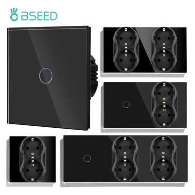 BSEED EU Standard 1/2/3Gang Wall Light Switches 1Way Glass Touch Switch With Power Sockets Dual Plug Blue Backlight 10A  Black