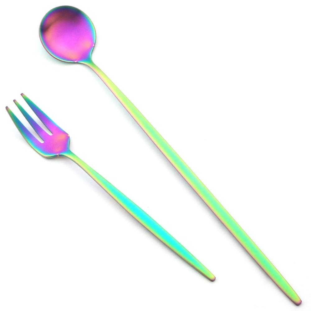 6ks Barevné příbory s dlouhou rukojetí Matné nerezové Lžíce Leštěné Míchání Nápoj Zmrzlina Dezert Čajová lžička Sada nádobí