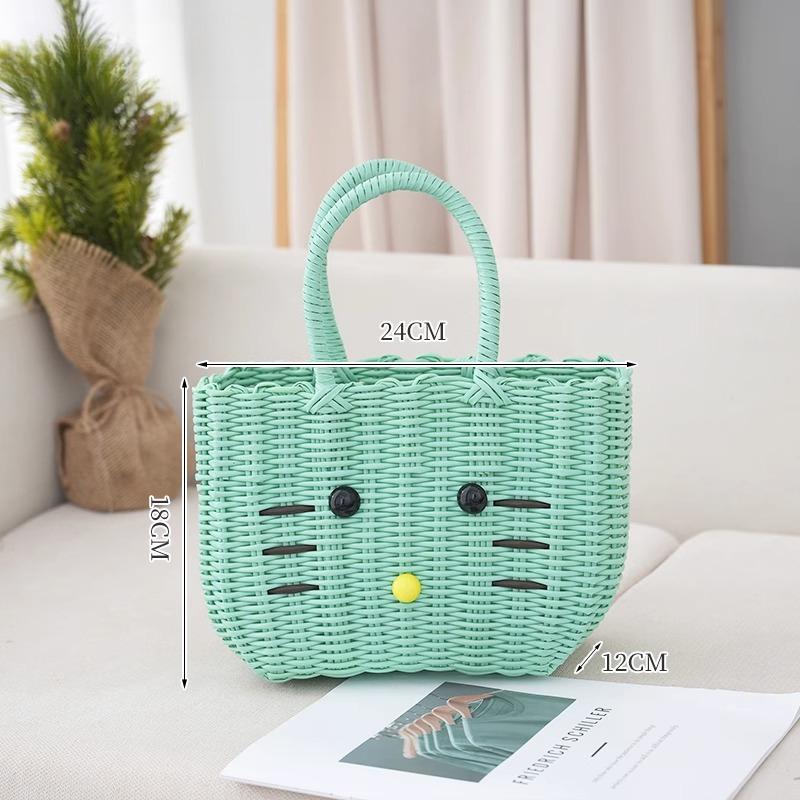 Cute Cat PVC Woven Bag Large Capacity Organizer Bath Shopping Basket Portable Baskets with Handles Beach Bag Vegetable Basket