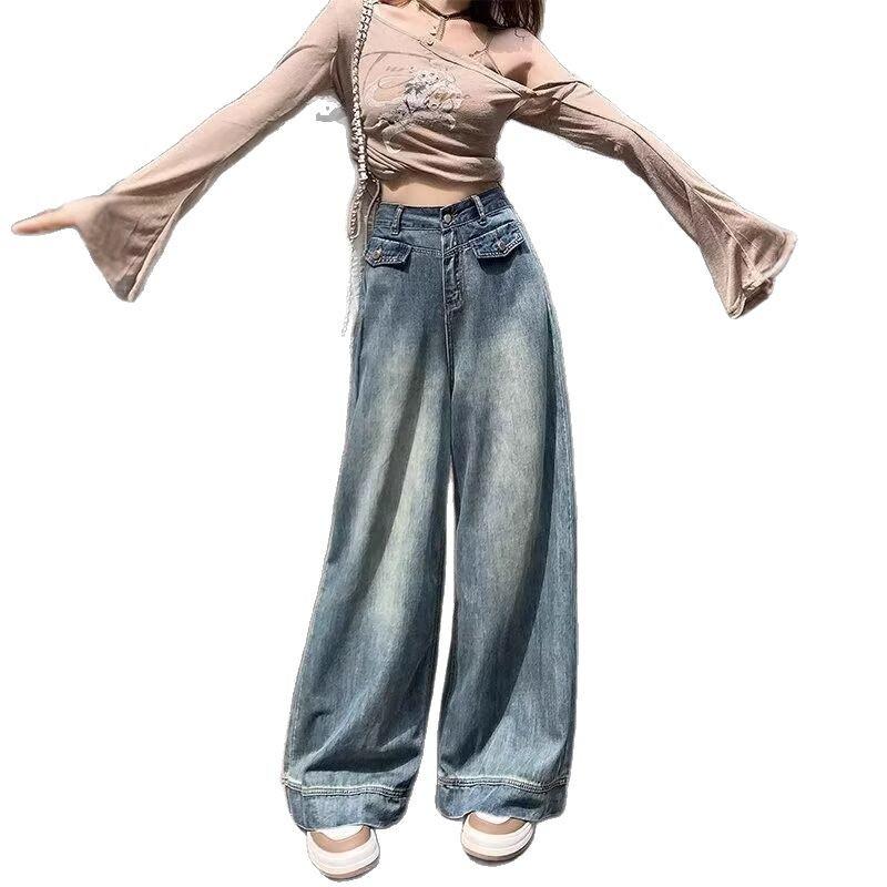 Women's High Waist Wide Leg Jeans - Retro Loose Fit, Plus Size, Floor Length, Fake Pockets