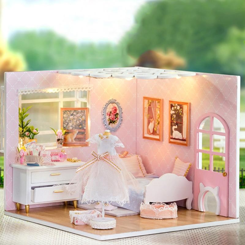Wooden Mini Miniature Doll House DIY Small House Kit Production Room Princess Toys Home Bedroom Decoration with Furniture Gifts