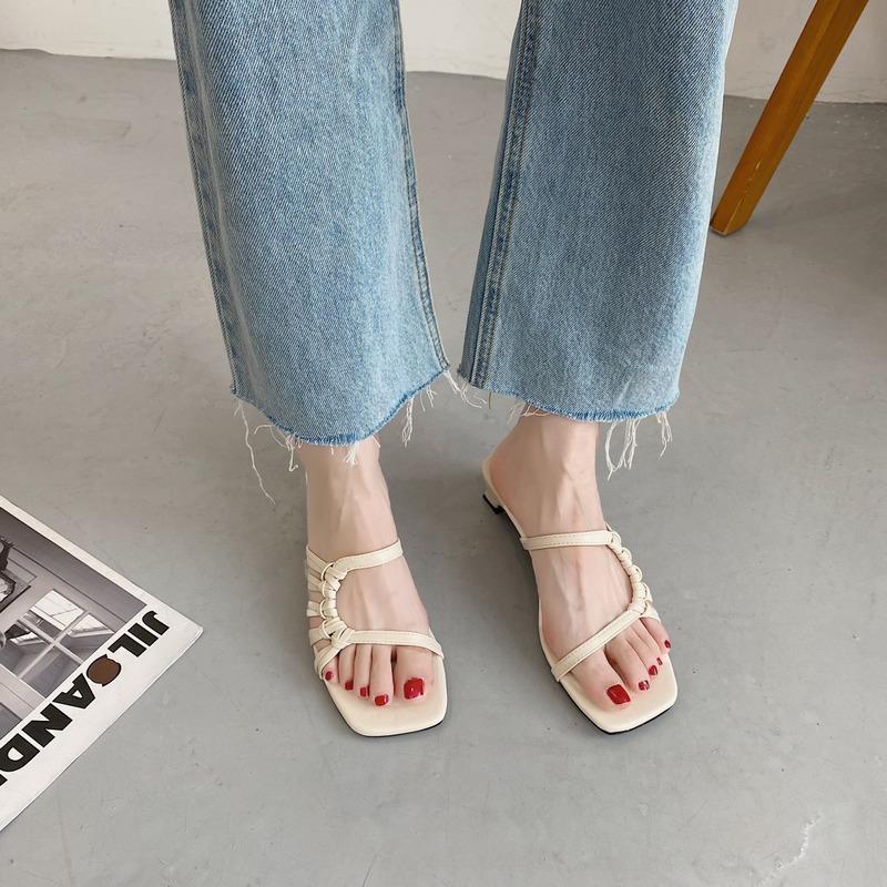 Fashion Women Black White Yellow Square Heels Slides Women Rope Lattice Peep Toe Women Outside Sippers Shoes Mujer Elegant Shoes 35-39