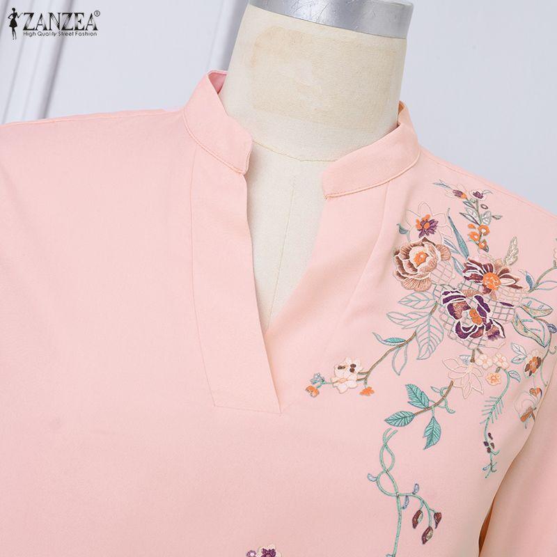 ZANZEA Women Casual V-Neck 3/4 Sleeve Loose Flora Print Blouse