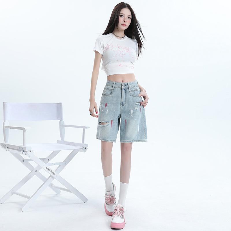 

Прямые джинсовые шорты цвета масла с рваностями для женщин. Новинка лета. С высокой посадкой, облегающие, с графичным дизайном, широкие штанины, пятиточечные миди-шорты XXL