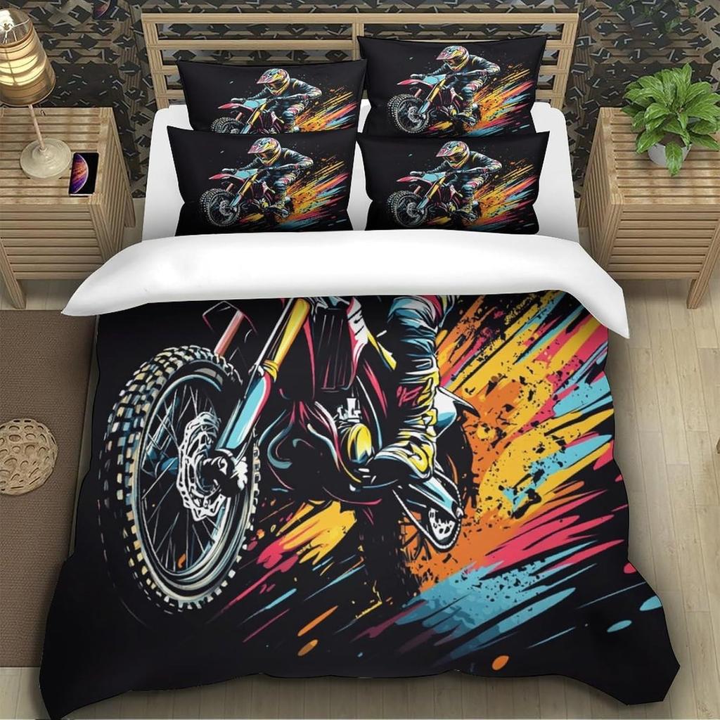 Dirt Bike 3D-Druck Bettbezüge, Motorrad Weiches Mikrofaser Bettwäscheset Und Kissenbezug Versteckter Reißverschluss Für Kinder Jugendliche Einzel