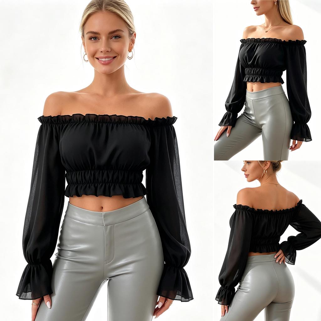 Fashion Women Ruffle Off Shoulder Crop Blouse Long Puff Sleeve Slim Ruched Hem Casual Clubwear Top
