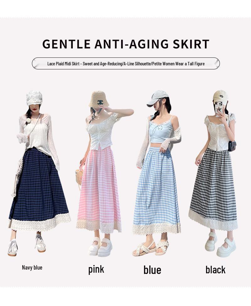 Women's High Waist Checkered Lace Trim A-line Midi Skirt (2025)
