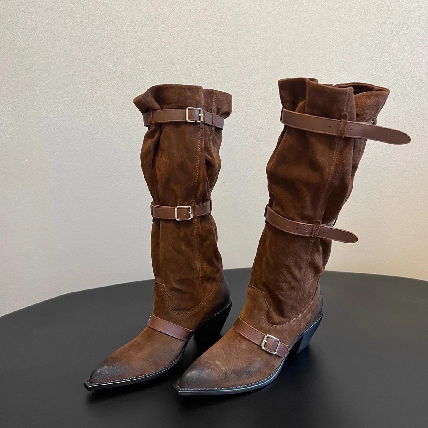 

Остроносые высокие трубы вокруг собранных ботинок нишевый дизайн ретро западные ковбойские сапоги толстый каблук чувство моды горячей девушки длинные сапоги женские 40 коричневый