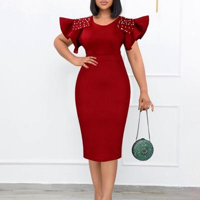 Large Size Women's Clothing New Round Neck Lotus Leaf Sleeve Slit Nail Bead Hip Wrap Dress Dress Dress