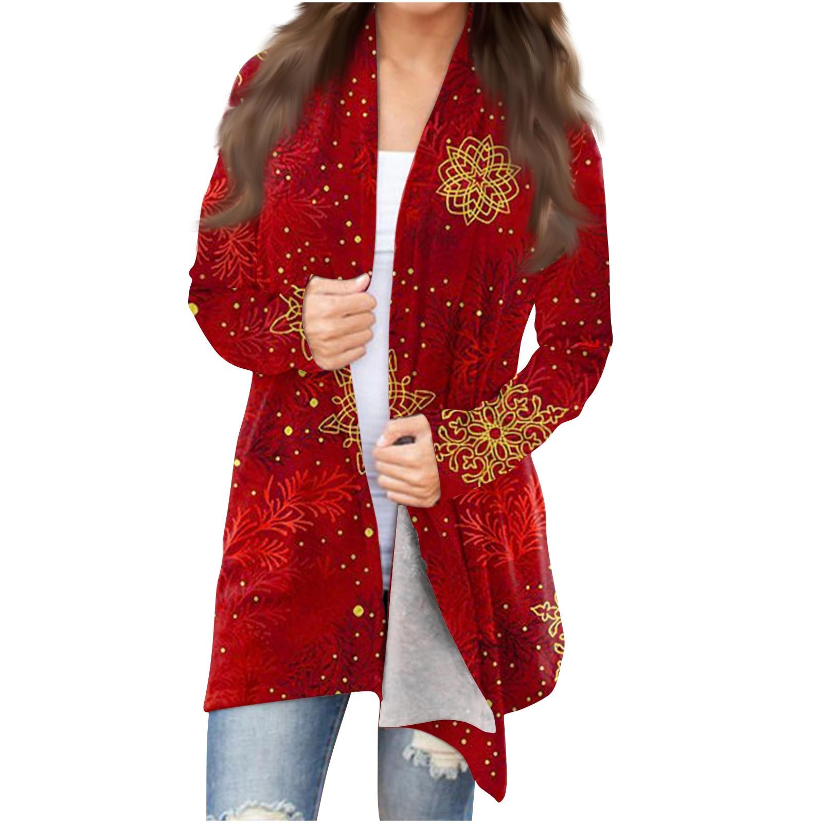 

Женская мода повседневная рождественская принтованная куртка с длинным рукавом и передней планкой с принтом S красный