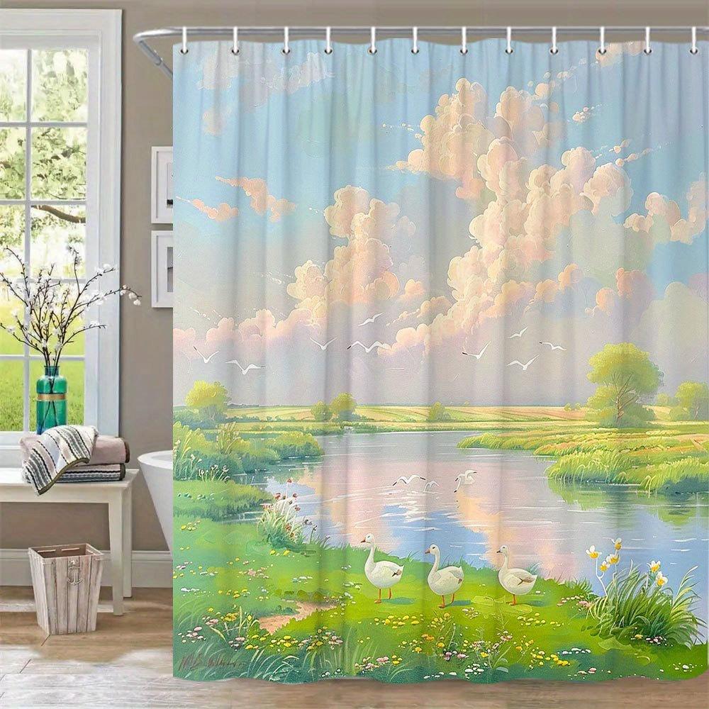 

1Pc Extra Large Shower Curtain - Pastel Duck Pond Scene With White Ducks, Wildflowers, Green Fields & Pink Clouds - Machine Wash W60H190(CM)-1 Pcs