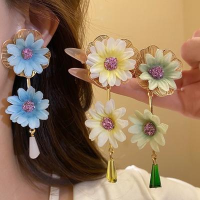Sweet Floral Pendant Earrings Glass Crystal Drop Earrings Retro Fabric Flower Earrings Beach