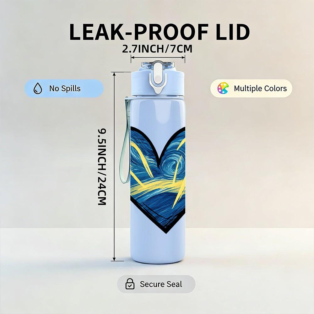 1PC Blue Wave Heart Line Art 750ml Color Plastic Sports Water Bottle Leakproof Flip Straw Lid Suitable for Sports Office Home Use