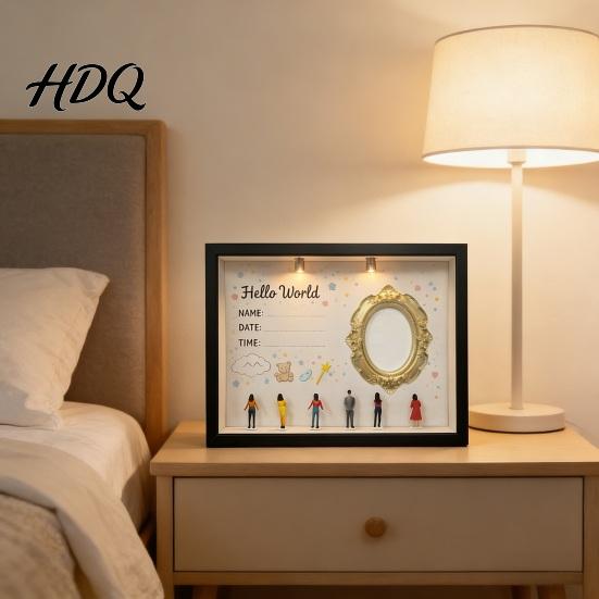 Custom Family Memory Box DIY Mini Museum Silhouette with Light Photo Display Frame Kit Shadow Gift Gold Frames Figurines Keepsake for Baby Newborn