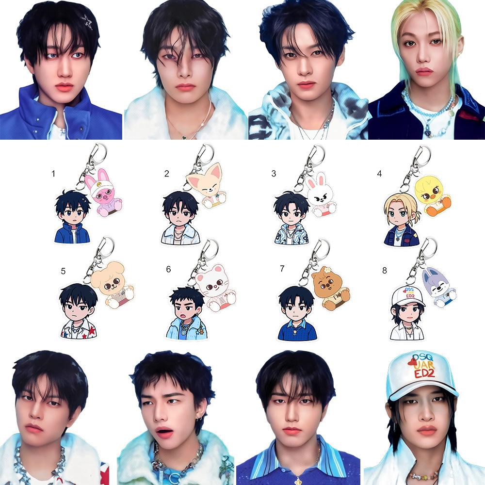 8pcs Stray Kids Double Charms Acrylic Keychain, Member Cartoon + SKZOO Animal Dual Pendant, Kpop STAY Fans Cute Bag Charm Key Ring Gift Merchandise