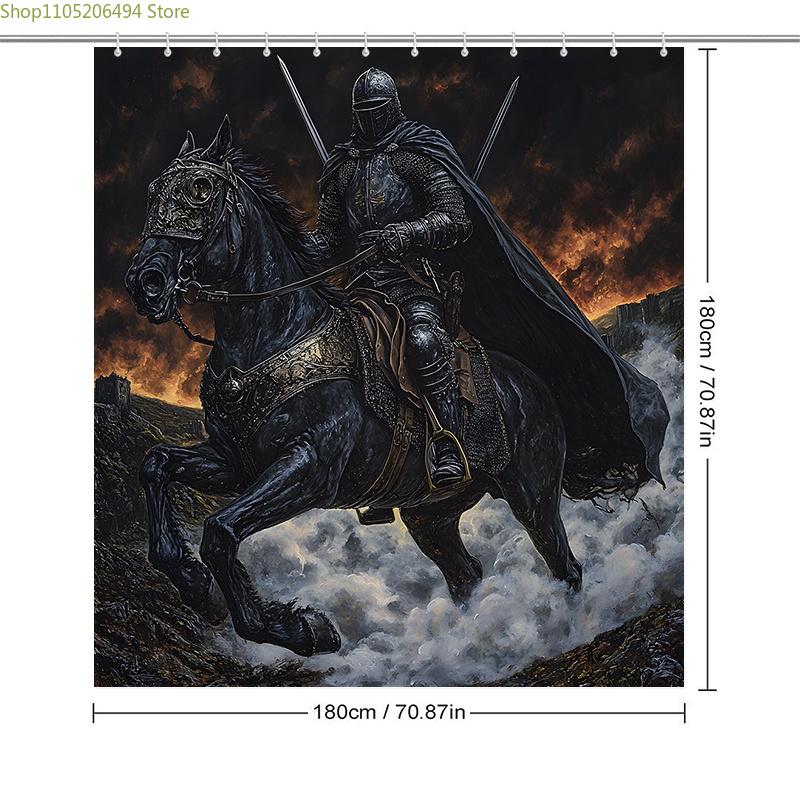 1pc Black Knight Medieval Fantasy Shower Curtain - Extra Large 177.8x177.8 cm Durable Polyester Fabric with 12 Hooks, Machine