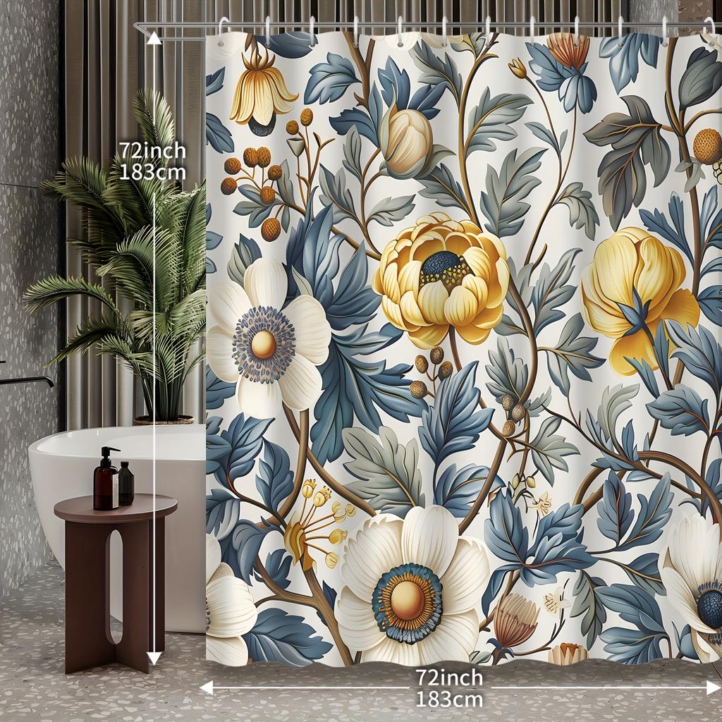 1pc Vintage Floral Leaf Modern Fashion Plant Shower Curtain, Decorative Printed Shower Curtain, Includes 12 Hooks, Bath