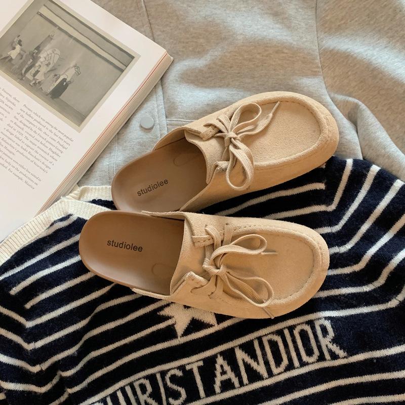 

Retro bag head lace-up leather one-pedal versatile half-slippers women 40