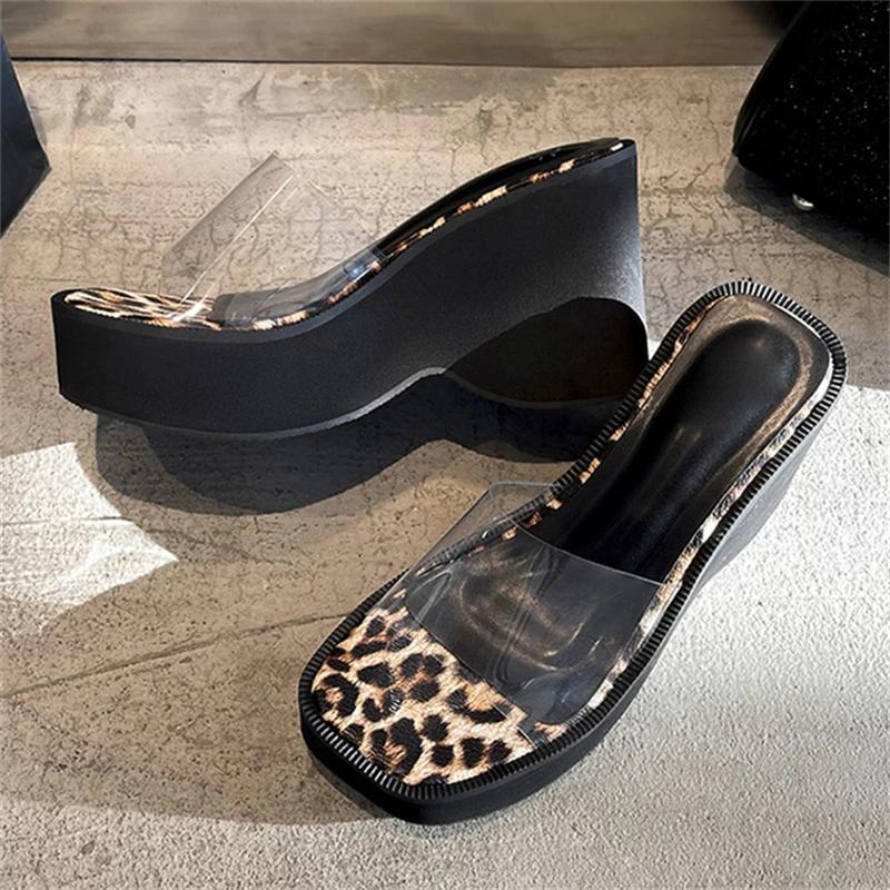 Fashion Eilyken 2025 New Street Style Summer Fashion Platform Wedges Heels Women Slippers PVC Transparent Leopard Print Sandals Shoes