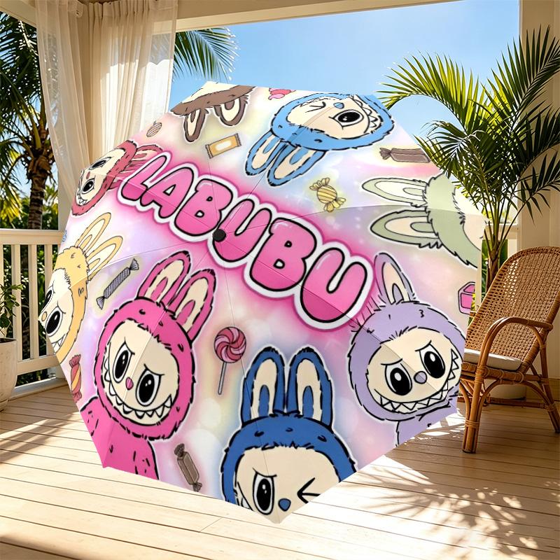 Labubu Print Automatic Open Close Umbrella, Portable Foldable Umbrella, for Outdoor Commute Camping Trip, Ideal Birthday Gift