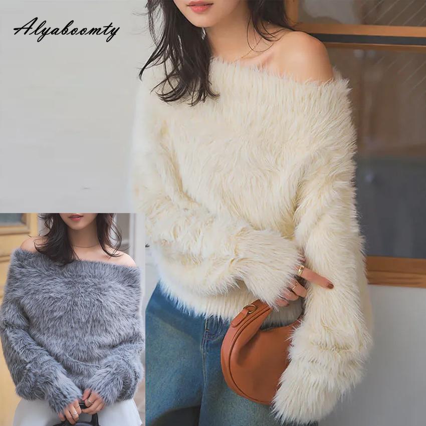 New Arrival Autumn Winter Women's Fluffy Faux Mink Sweater-Soft Fuzzy Pullover Slash Neck Gray Beige Warm Feminine Sweater