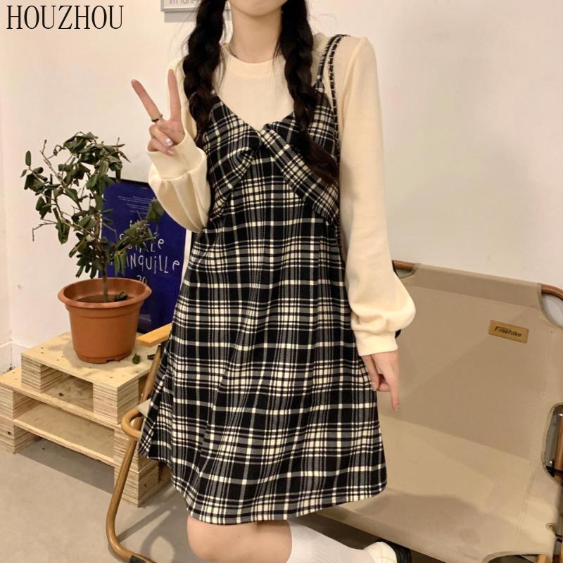 Buy HOUZHOU Plaid Fake Two Piece Dress 