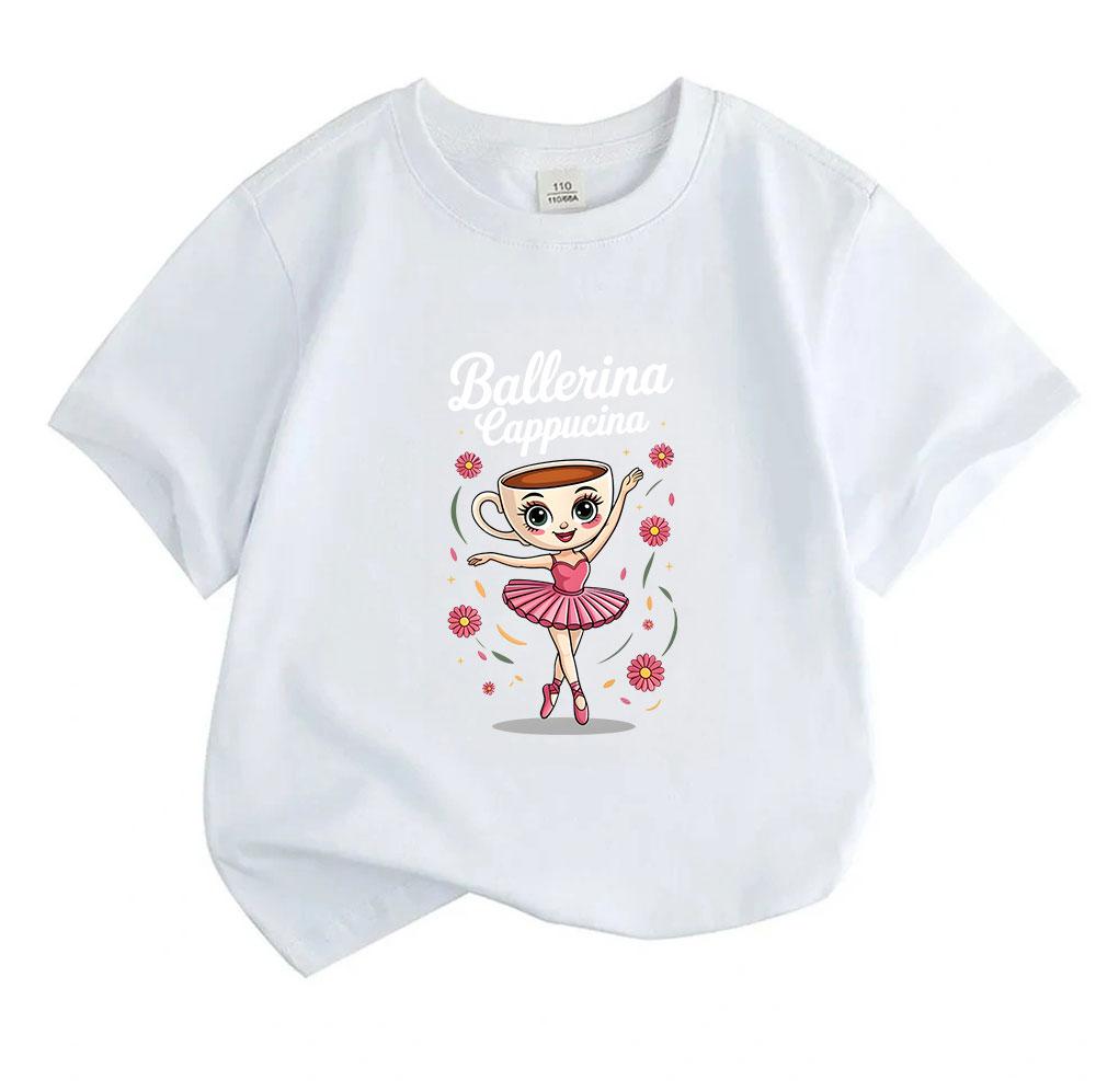 Kids Unisex 100% Cotton Crew Neck Short Sleeve T-Shirt, Cute Ballerina Cappuccina Coffee Cup Ballet Dancer Print Casual Soft Tee for Boys Girls