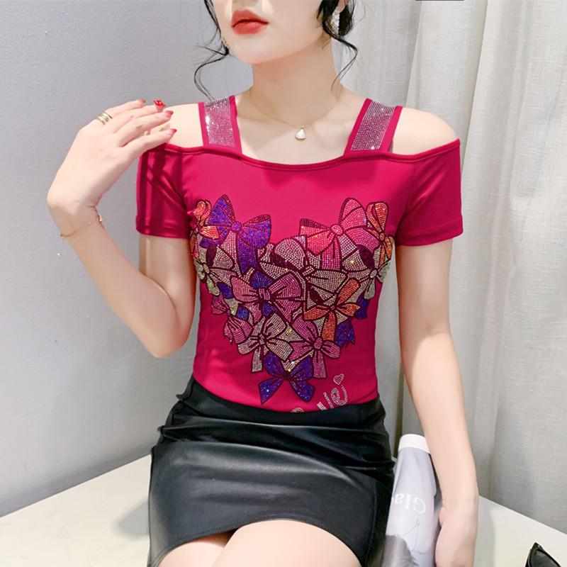 

Новая Роскошная Дизайнерская Женская Футболка с Бантом, Сексуальная с Открытыми Плечами, Топы с Горячими Бриллиантами, Классические Женские Футболки с Короткими Рукавами и Сеткой 3XL
