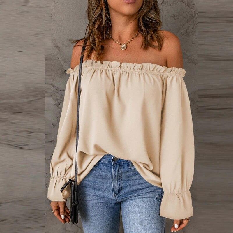 

Сексуальные топы с открытыми плечами, женская рубашка, весенне-осенняя модная шифоновая блузка с вырезом в горловине, однотонная женская одежда 25086 M бежевый