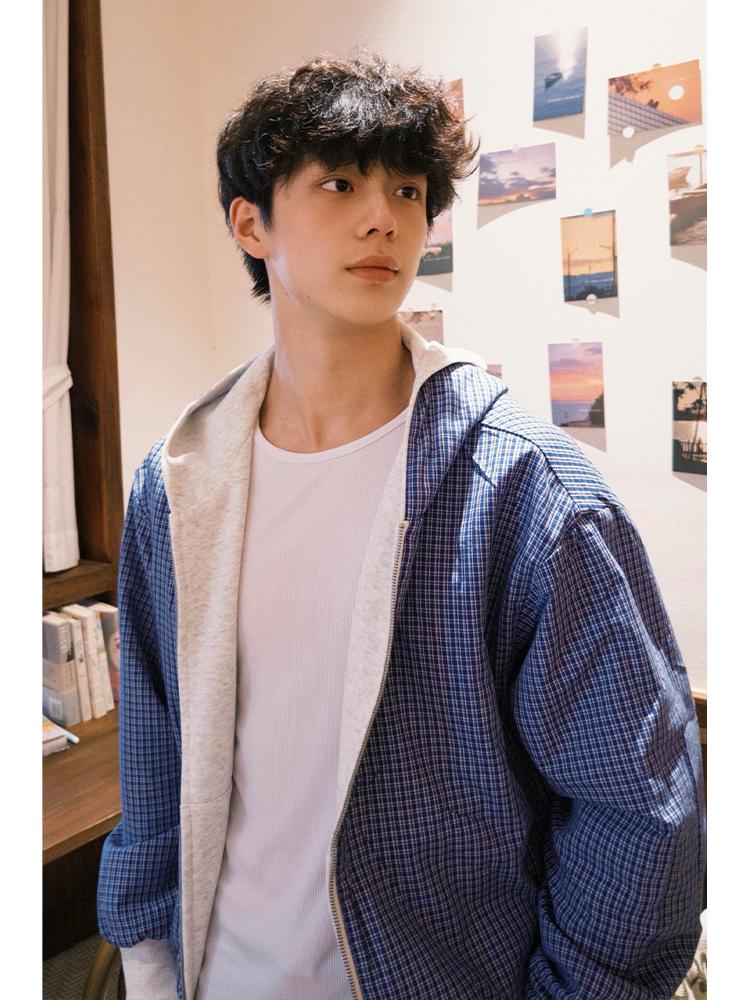 Men's Reversible Gray Plaid Hoodie Cardigan - Autumn, High-End, Heavy-Weight, Couple's Style