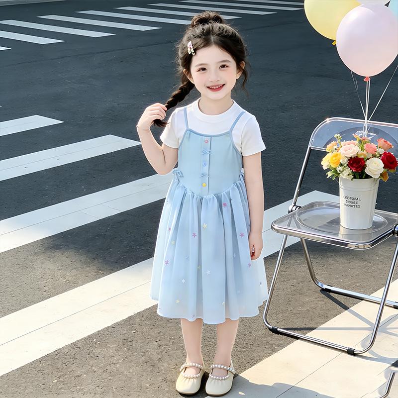 Girls Summer Sweet Princess Dress Medium Large Kids Short Sleeve Fake Two Piece Mesh Midi Dress