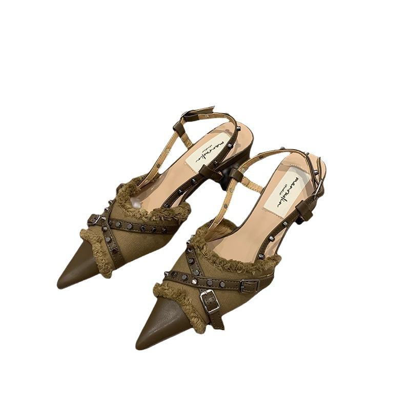 French Retro Single Shoes Women's Spring New Products Pointed Head Western Denim Bag Head Empty Sandals Thick Heel High Heels Look Thin