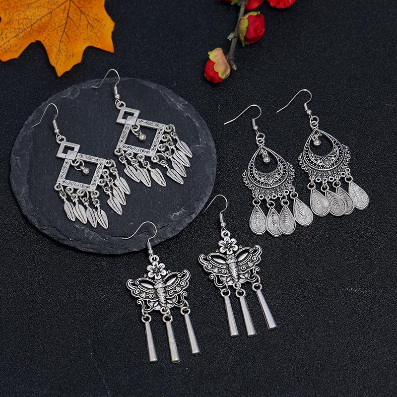 Retro Tibetan silver fringed earrings women's long temperament versatile earrings fashion personality vacation earrings