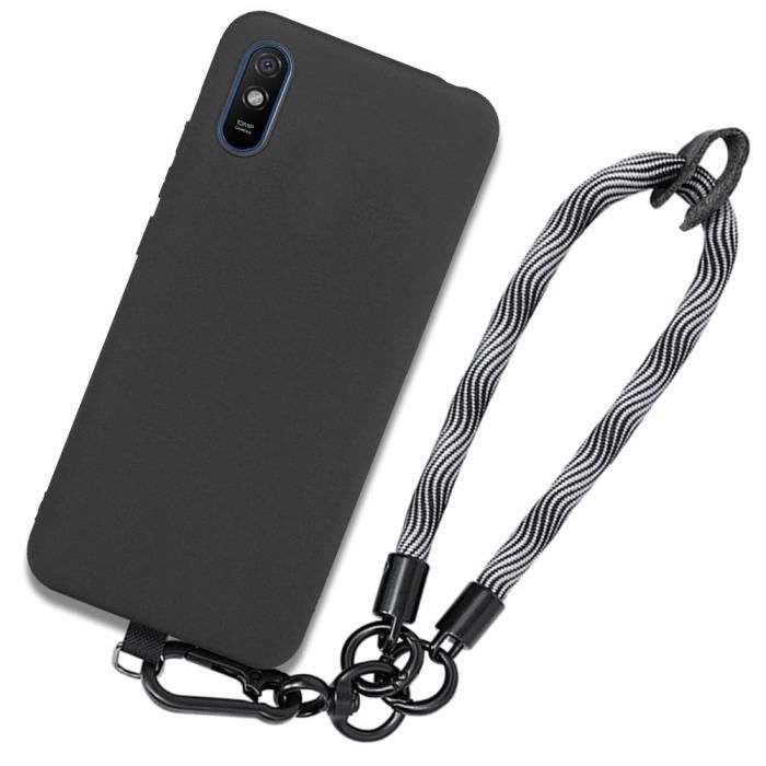 Coque - Xiaomi - Redmi 9A - Silicone Noir - Cordon Détachable - Souple