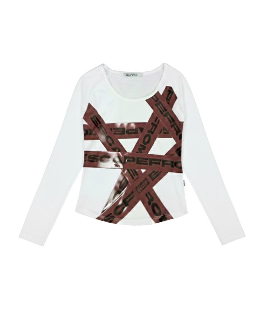 ESCAPEFROM Tape Detail Printed U-Neck Slim Long Sleeve [2 Colors]