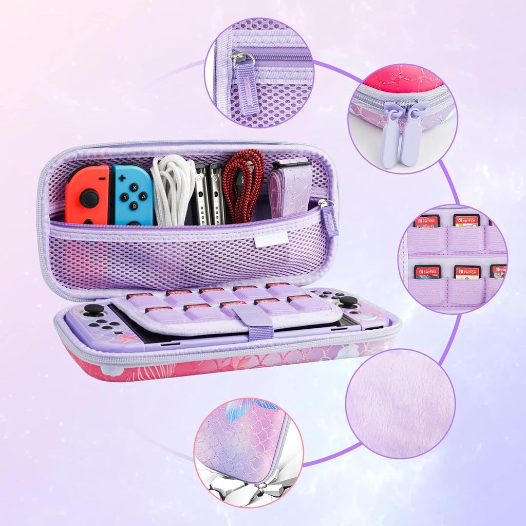 GLDRAM Purple Carrying Case Compatible with Nintendo Switch OLED, Cute Accessories Kit with Travel Case, Switch OLED Protective Shell, Screen