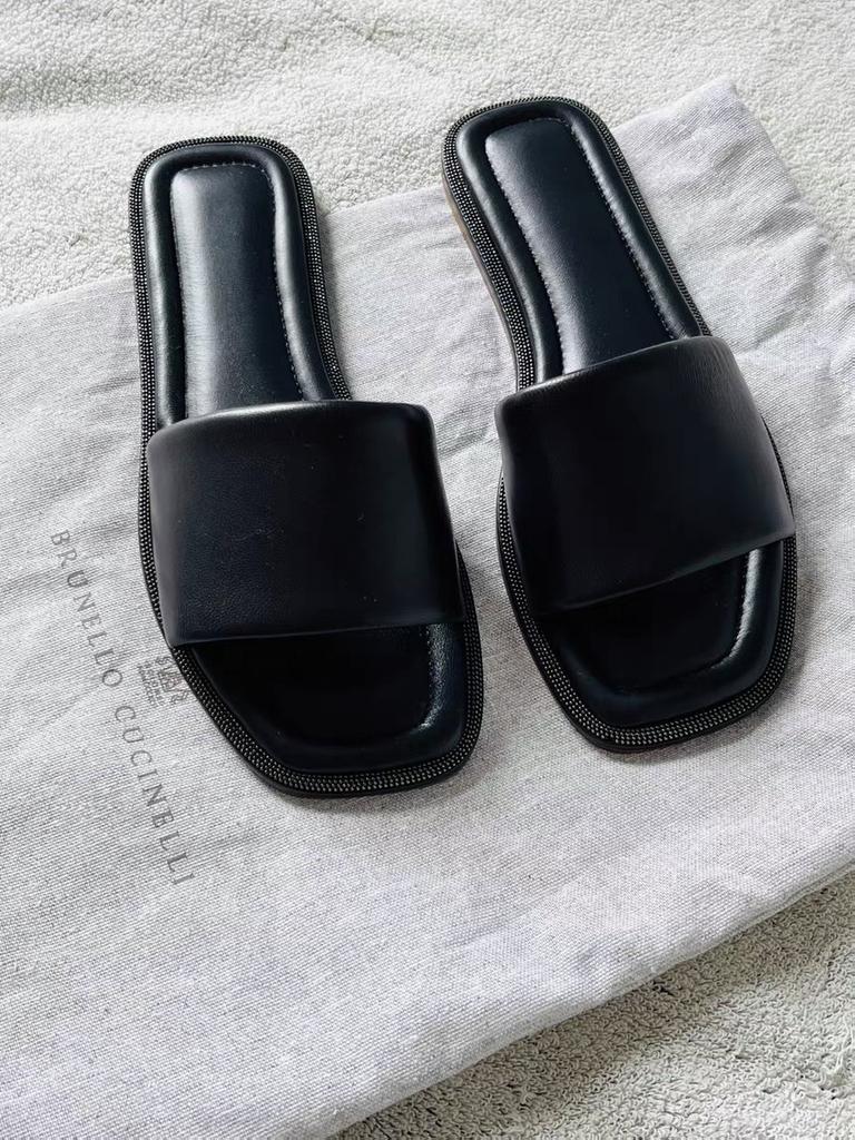 Leather with Diamond Edge Square Head Soft and Comfortable Flat Bottom One Word Cool Slippers Women's Fashion 2025 Summer New