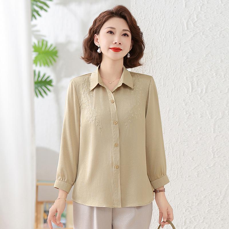 2026 Stylish Silk Top for Middle-Aged & Elderly Women - 50s Mom Spring/Autumn Shirt