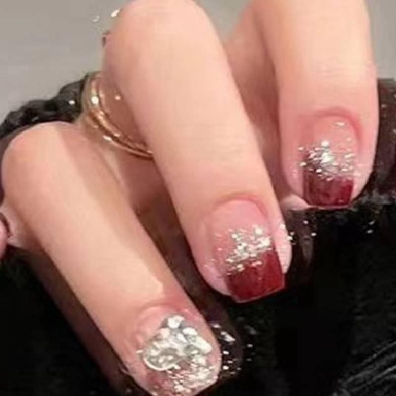 Chestnut Red Handmade Gel Nail Stickers Cherry Color Nail Patch Short French Heart Nail Art