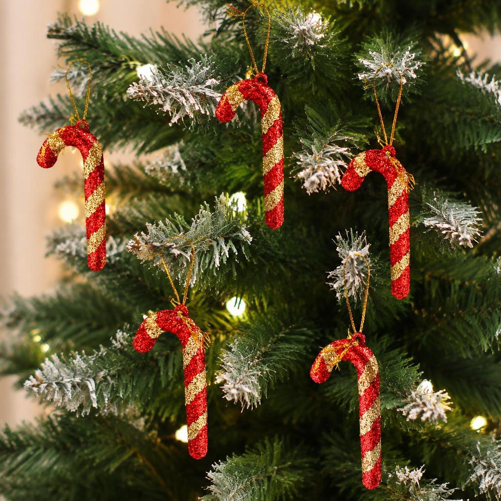 Red Gold Glitter Candy Cane Christmas Tree Ornaments Xmas Hanging Decorations Home Holiday Party Accessories Ornament Supplies