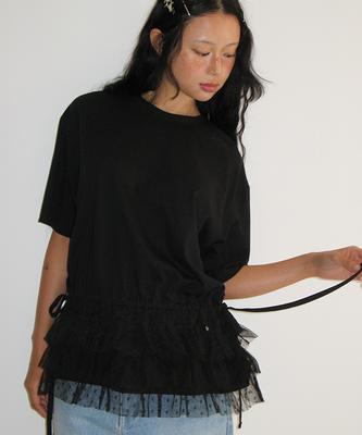 RONRON Double Layered Shirring Short T Shirt Black
