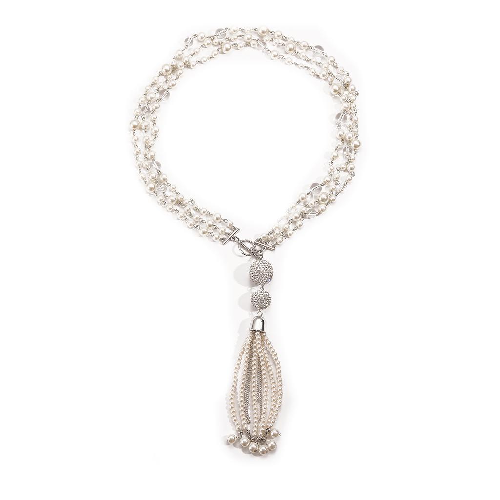 Heavy Industry Hand Woven Full Diamond Imitation Pearl Tassel Pendant Necklace Collarbone Chain for Women